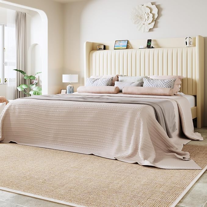 Allewie Queen Size Platform Bed Frame with USB Charging Station and Storage Shelf/Upholstered Velvet Wingback Headboard/Wooden Slats Support/No Box Spring Needed/Easy Assembly, Cream