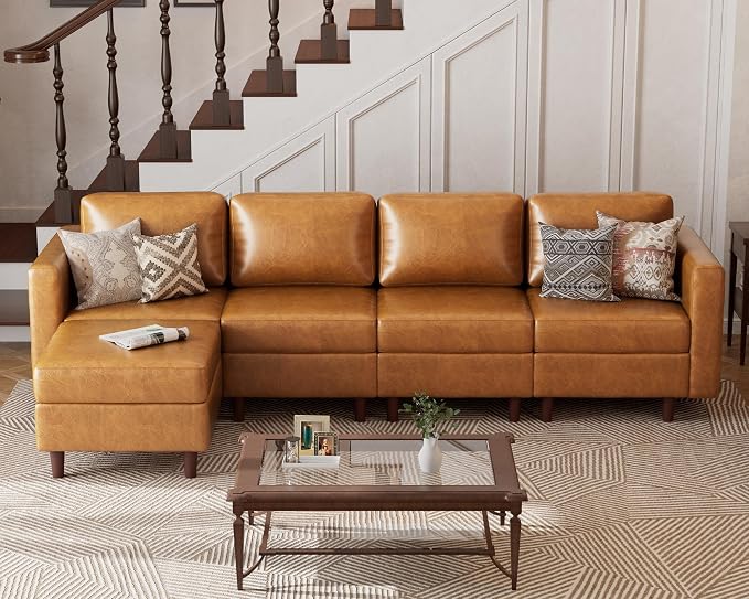 ABCASA 118.5" Faux Leather Modular Sectional Sofa, L Shaped Couch Set for Living Room, 5-Seater Comfy Cloud Couches with Movable Storage Ottoman Brown