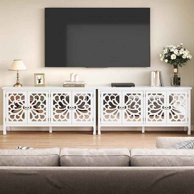 RoyalCraft 63'' Buffet Cabinet with Mirror Butterfly Carved Door, Sideboard Cabinet with Adjustable Shelves, Vintage Accent Credenza Media Console for Entryway, Kitchen, Satin White