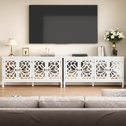 RoyalCraft 63'' Buffet Cabinet with Mirror Butterfly Carved Door, Sideboard Cabinet with Adjustable Shelves, Vintage Accent Credenza Media Console for Entryway, Kitchen, Satin White