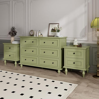 Antique Bedroom Set, 6 Drawer Dresser with Nightstands Set of 2 (Green) | Vintage Style, Paint, with Drawers, Large Storage