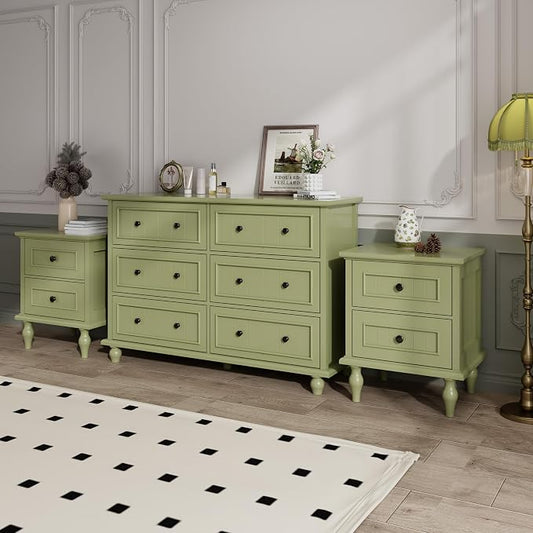 Antique Bedroom Set, 6 Drawer Dresser with Nightstands Set of 2 (Green) | Vintage Style, Paint, with Drawers, Large Storage