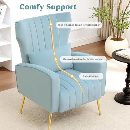 Modern Accent Chair Upholstered Living Room Chair,High Back Arm Chair with Metal Legs Lumbar Reading Chair for Bedroom, Apartment, Small Spaces Sky Blue
