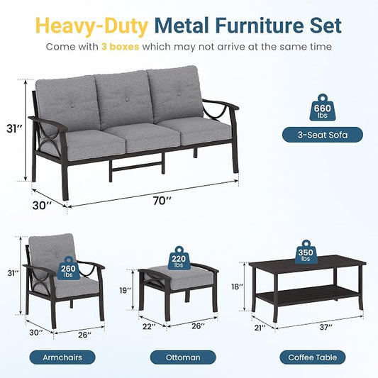 RoyalCraft Outdoor Patio Furniture Set, 7 Seats Outdoor Patio Set with 4" Thick Cushion, All-Weather Metal Patio Sofa with Coffee Table, Outdoor Sectional Furniture for Porch Backyard, Khaki&Grey