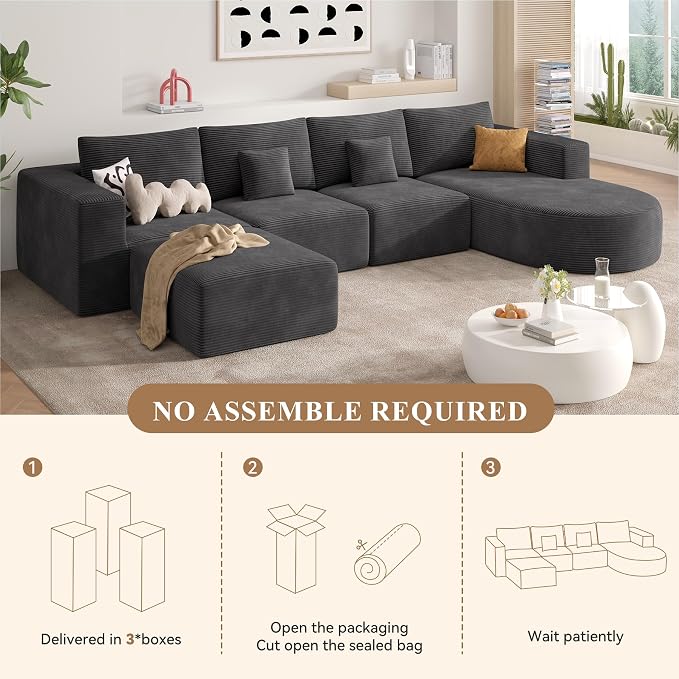 134" Boneless Couches for Living Room,Large U-Shaped Modular Sectional Sofa with Convertible Ottoman,Modern Cozy Cloud Couch in a Box,Sponge Compression Deep Seat Sofas with Chaise,Gray,1pcs