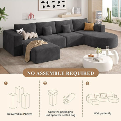 134" Boneless Couches for Living Room,Large U-Shaped Modular Sectional Sofa with Convertible Ottoman,Modern Cozy Cloud Couch in a Box,Sponge Compression Deep Seat Sofas with Chaise,Gray,1pcs