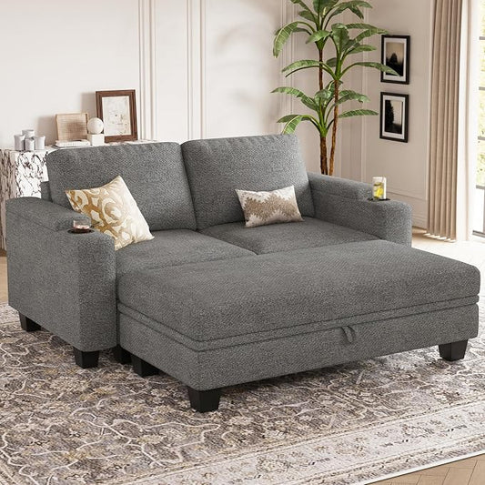 Belffin Sectional Sofa Bed with Storage Ottoman Small Modular Couch with Cup Holder Apartment Couch Light Grey
