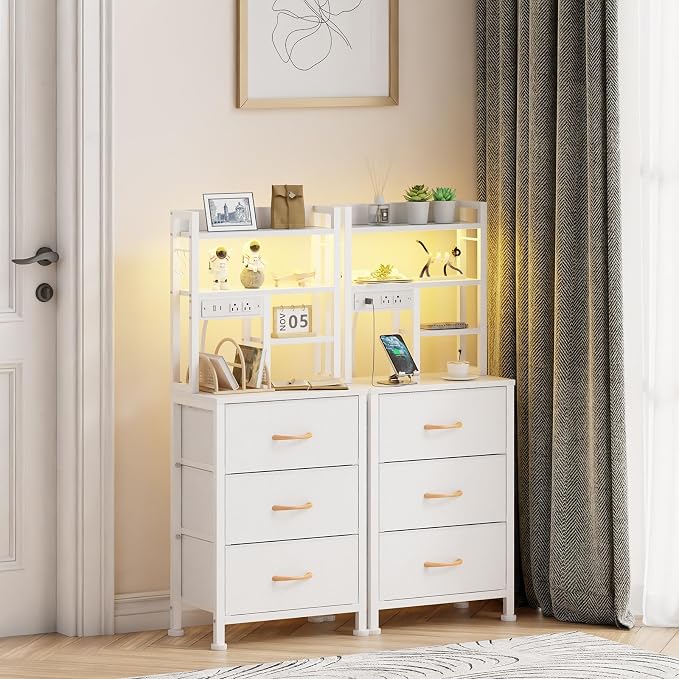 Furnulem Tall Nightstand with LED Lights and 3 Tier Shelves, Night Stand with 3 Fabric Drawers, 45.3inch Tall Bedside Tables with USB Ports and Outlets in Bedroom, Dorm, Office (White)