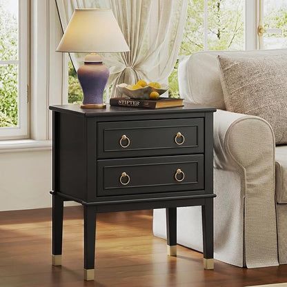 Huuger 27.6 Inch Tall Nightstand with Charging Station, USB-C Port, 2 Drawers Bedside Table, Larger Night Stand with 11.4 Inch Raised Legs, Painted Side Table End Table, for Bedroom, Black