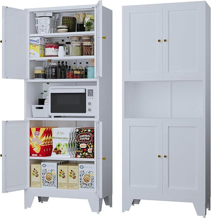 69" Tall Metal Pantry Cabinet with Microwave Stand,Microwave Storage Cabinet with 4 Doors & 3 Adjustable Shelves for Kitchen (4doors-White, 13.78" D x 27.54" W x 68.9" H)