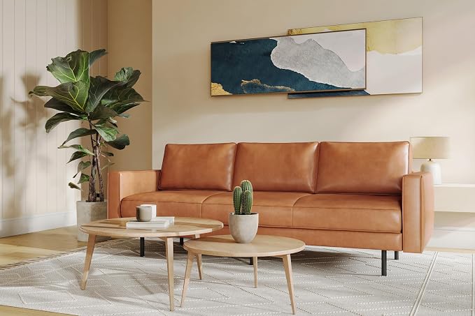 Valencia Varese 90" Full Leather Couch Cognac Tan Brown- Italian Nappa Leather Modern Cloud Couch for Living Room/Apartment Furniture