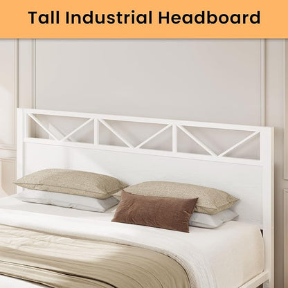 LIKIMIO King Size Bed Frame, Tall Modern Headboard 51.2 ", Platform Bed Frame with Strong Metal Support, Solid and Stable, Noise Free, No Box Spring Needed, Easy Assembly, White