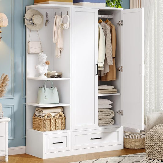 DynJest Armoire Wardrobe Closet with 2 Drawers, 70" Tall Clothing Storage Cabinet with Hanging Rod, 3 Open Shelves & 5 Hooks, 2 Doors Large Capacity Wooden Cabinet for Bedroom, White