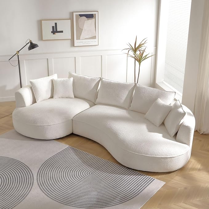 KEIKI 129" Luxury Curved Boucle Sectional Sofa with Left Chaise, Upholstered Modern Style Oversized 5-Seater Couch with Thickened Seat Cushions, Easy Assembly, for Apartment, Living Room, White
