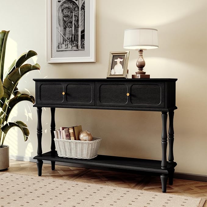 ARTPOWER Console Table with Drawers for Entryway, Mid-Century Entryway Table with Storage, Black Narrow Entryway Table with Open Shelf Behind Sofa for Living Room, Foyer, Hallway