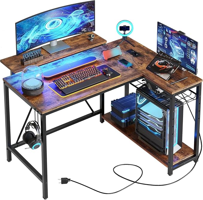 Bestier Gaming Desk with Power Outlets, 42" L-Shaped Gaming Desk with LED Lights, Desk with Reversible Storage Shelves & Hooks for Small Spaces, Bedrooms & Offices,Rustic Brown