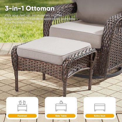 Belord Luxury Outdoor High Back Couch with Ottoman, All-Weather Wicker 3-Seater Sofa, 3 Piece Patio Conversation Furniture Set,Beige