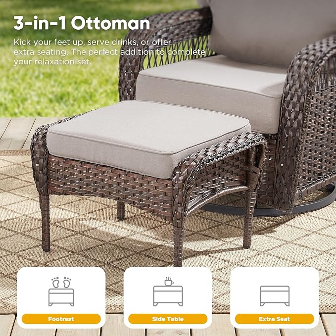 Belord Patio Wicker Swivel Rocker Patio Chairs with 3-Seater Sofa, Outdoor Rattan Chairs for Deck Porch Poolside, 10 Piece Patio Conversation Furniture Set,Beige