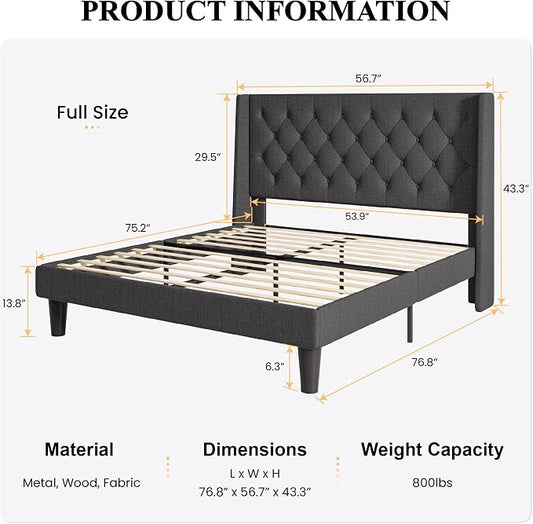 SHA CERLIN Full Size Upholstered Platform Bed Frame with Wingback Headboard, Tufted Linen Fabric, Wooden Slats Support, Easy Assembly, No Box Spring Needed, Dark Grey