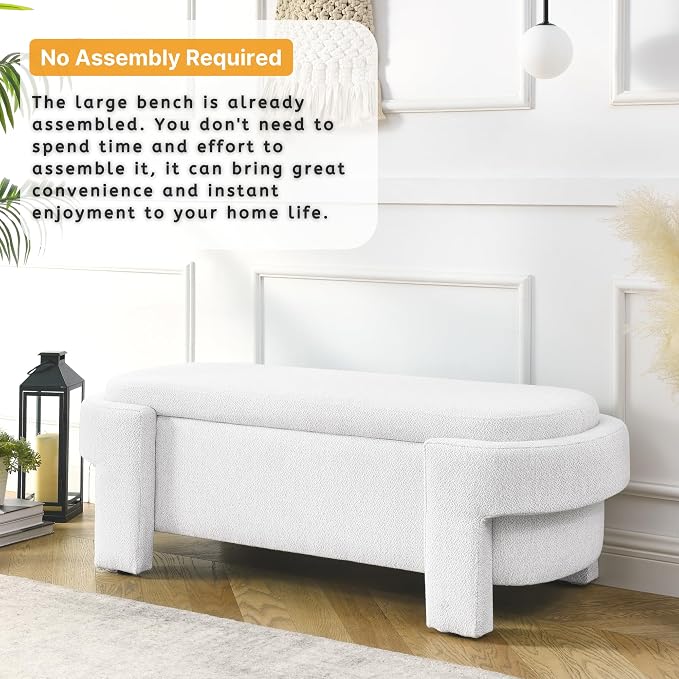 51.5" Oval Storage Bench End of Bed Storage Benches Linen Fabric Upholstered Ottoman Bench with Large Storage Space for Living Room Entryway Bedroom Hallway (Ivory White, 51.5 inch)