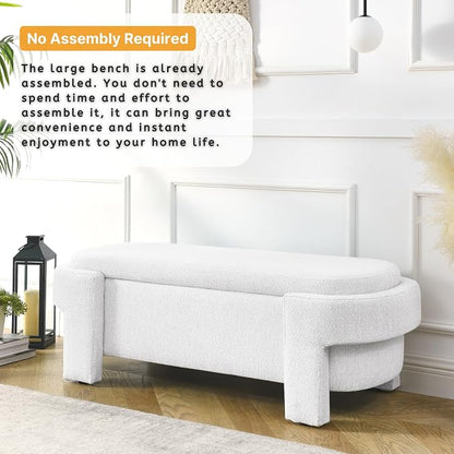 51.5" Oval Storage Bench End of Bed Storage Benches Linen Fabric Upholstered Ottoman Bench with Large Storage Space for Living Room Entryway Bedroom Hallway (Ivory White, 51.5 inch)