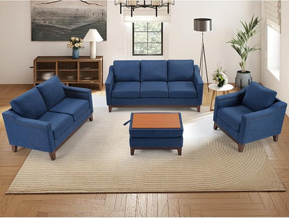 HAOMARKETS 2 Piece Fabric Sofa Set with Nailhead Trim, Included 3-Seater Sofa Couches with Thicked Cushion and Upholstered Storage Ottoman with Flip-Top Table, Living Room Furniture Set,Blue
