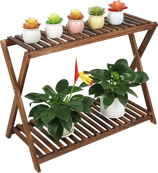 Wood Plant Stand Indoor Outdoor 2 Tier Plant Shelf Plant Table Bench Corner | Stepped Flower Display Stand Planter Shelf Holder Rack in Patio Balcony Entryway Porch Livingroom (Classic X-Cross Design)