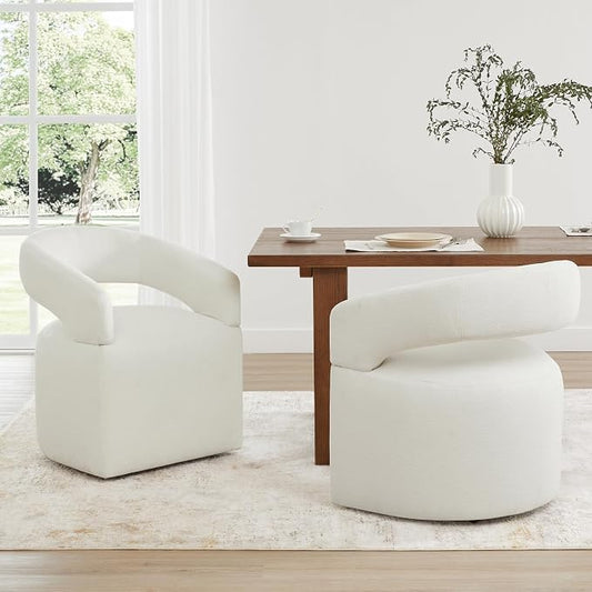 KISLOT Upholstered Dining Chairs Set of 2, Modern Rolling Dining Chairs with Hidden Casters, Arm Kitchen Chairs with Linen Look Fabric, Padded Barrel Chairs for Dining Room, Kitchen, Bedroom, Ivory