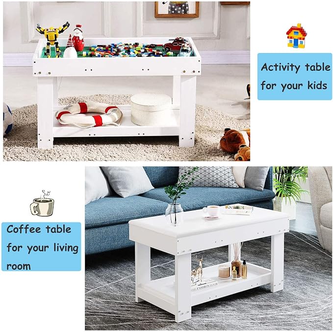 YouHi Kids Activity Table with Board and Storage for Bricks Activity Play Table (White Double Table)
