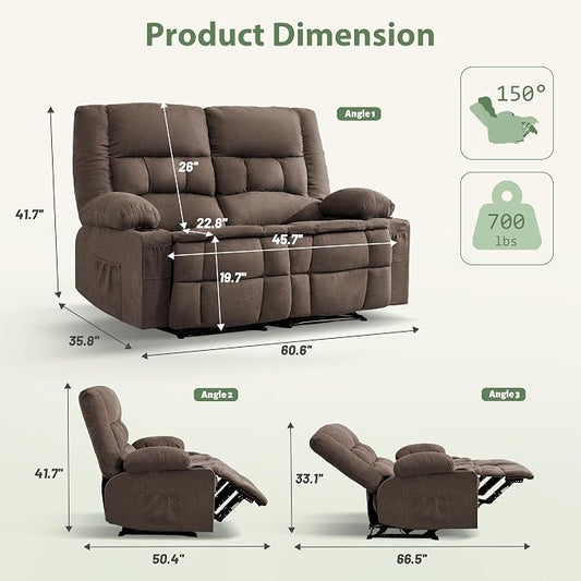 Loveseat Recliner Sofa, Wall Hugger Reclining Loveseat with Cup Holders & Storage Pockets, 150° Adjustable RV Couch, Traditional 2-Seat Reclining Couch for Living Room, RV, Home Theater, Brown