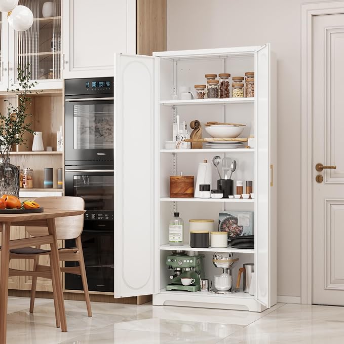 SteeLoong Kitchen Pantry Cabinet,71”Metal White Storage Cabinet with Doors and Shelves,Tall Cabinet with 2 Gold Hands for Dinning Room,Living Room