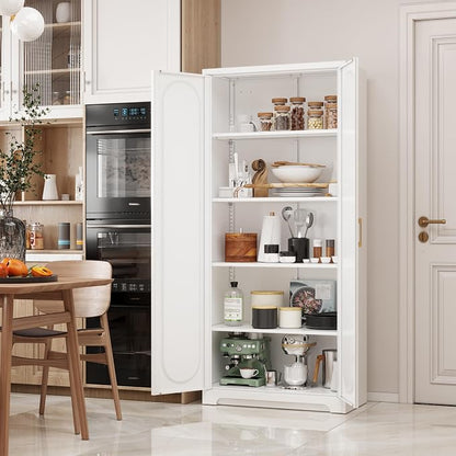 SteeLoong Kitchen Pantry Cabinet,71”Metal White Storage Cabinet with Doors and Shelves,Tall Cabinet with 2 Gold Hands for Dinning Room,Living Room