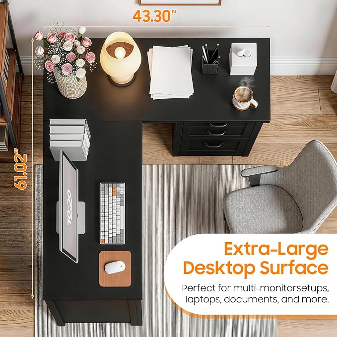 Vabches 61”Farmhouse L Shaped Executive Desk with File Drawers, Corner Computer Desk with Mobile CPU Stand, Wood Writing Computer Desk for Work, Study.Pure Black