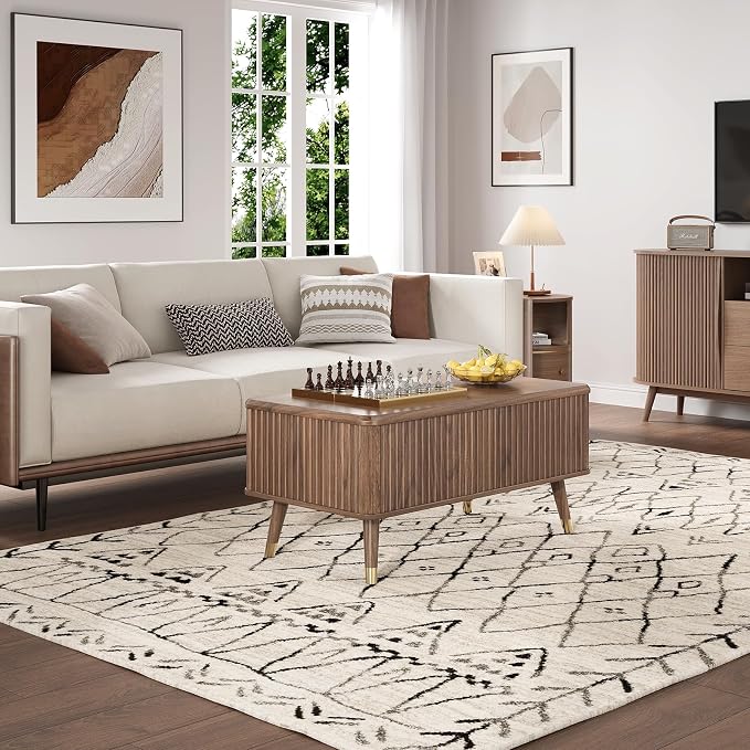 JOINICE Lift Top Coffee Table with Storage, Mid Century Modern Fluted Wood Design,Pop-Up Walnut Center Table with Hidden Compartment for Living Room & Home Office Work/Dining