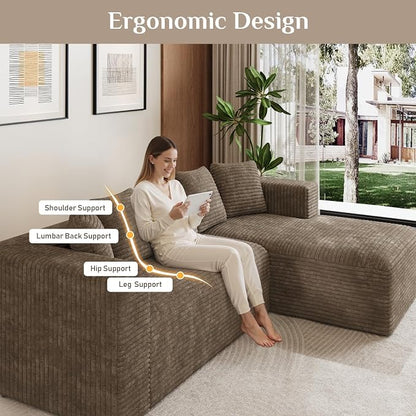Oversized L Shaped Boneless Sectional Couches for Living Room, 107" Comfy Fluffy Cloud Modular Sectional Sofa, Plush Corduroy Memory Foam Floor Sofa with Right Facing Chaise Couch