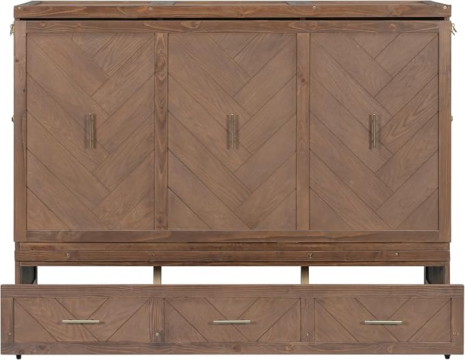 Bellemave Queen Size Murphy Bed with Charging Station and Storage, Farmhouse Murphy Bed with Foldable Panel for Guest Bedroom, Living Room, Office, Light Walnut