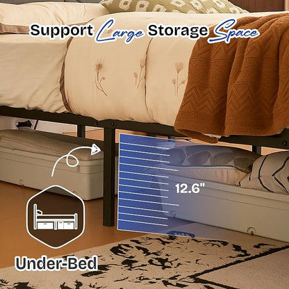 King bed frame with headboard, Upholstered Platform Bed Frame with Charging Station, Dual LED Light Strips, 2-Tier Storage Shelves, Heavy Duty Metal bed frame, Noise-Free, No Box Spring Needed, Black