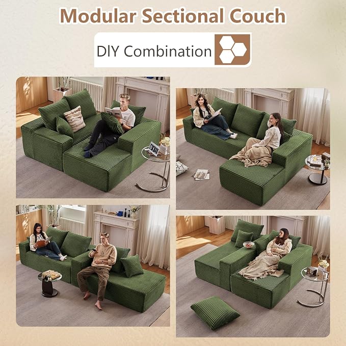 Sectional Couches for Living Room Cloud Couch Sofa with L-Shape Couch in a Box Upholstered Boneless Couchs Modern Modular Sectional Couch with Chaise (Green,B-3 Seater-Right-Facing Chaise-96 inch)