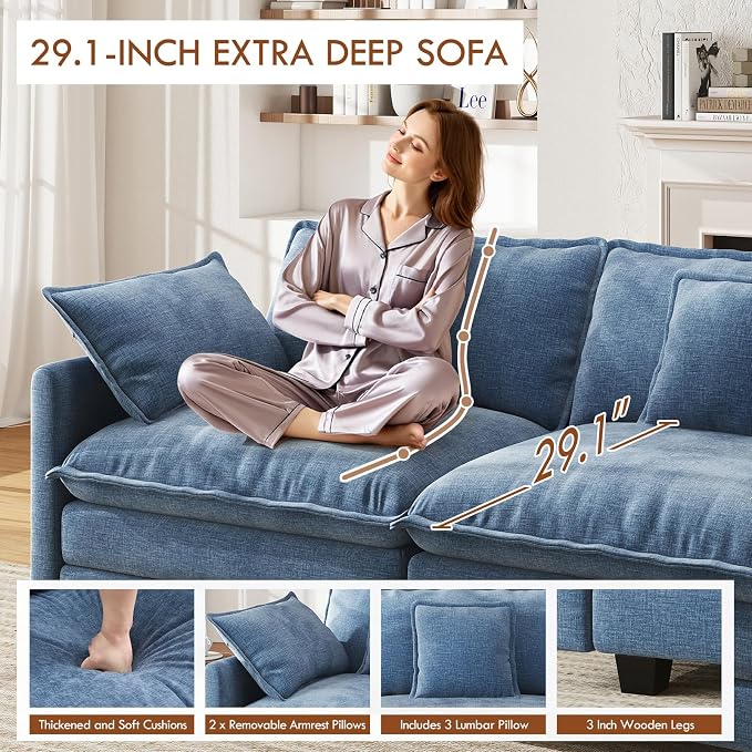 WorthFurni 111.4” Modular Sectional Sofa, U Shape Cloud Couch with 2 Movable Ottoman, Comfy Chenille Deep Seat Sofa with Soft Pillows for Living Room Apartment (Blue)