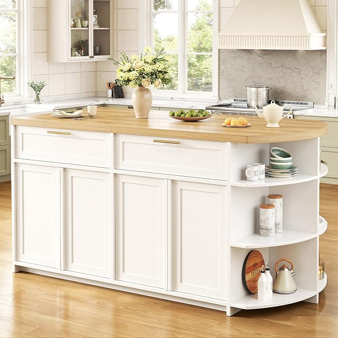 HSH 63” Large Kitchen Island with Storage & Seating, Modern Counter Height Island Table with 2 Drawers & Cabinets, 3 Oval Open Shelves, Stationary Island Prep Table for Kitchen Dining Room, Light Oak