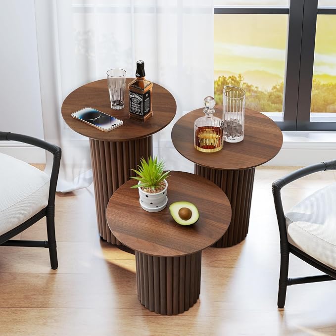 Bifins Round Nesting Coffee Table Set of 3,Mid Century Modern Fluted Coffee and End Table Set,Small Circle Wooden Side Table Drink Table for Living Room (Walnut)