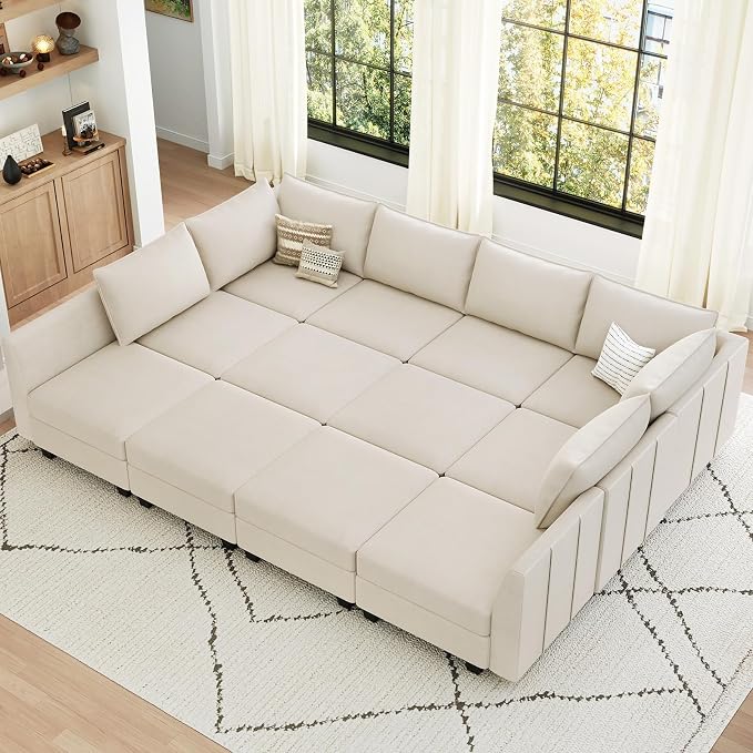 Belffin Oversized Modular Sectional Couch Sleeper Sofa with Storage Velvet Sectional Sofa Bed for Living Room, 12 Seats, Beige