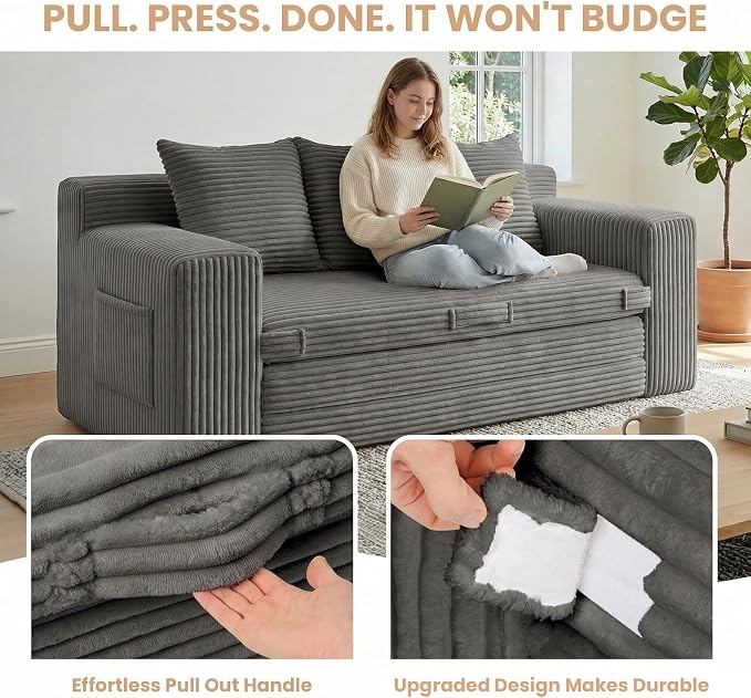 Boneless Couch Sofa Bed, 70'' Convertible Tri-Folding Futon Sleeper with Handle & Side Pockets, Pull Out Couch Bed with Hook and Loop No Assembly for Small Space,Living Room & Bedroom
