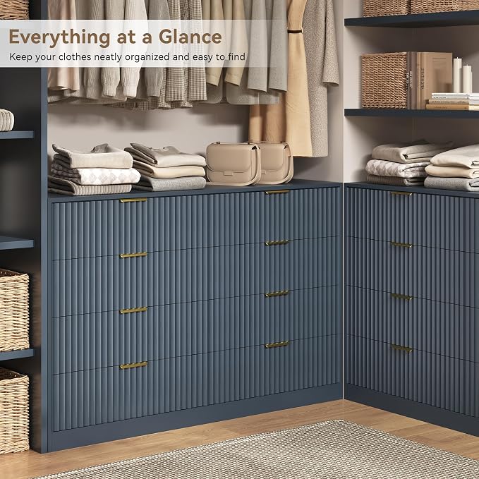 Navy Blue 8 Drawer Dresser for Bedroom, 55" Wide Fluted Chest of Drawers with Gold Metal Handles, Modern Wooden Dresser, Closet Storage Organizer Mid Century TV Stand for Living Room Hallway