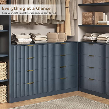 Navy Blue 8 Drawer Dresser for Bedroom, 55" Wide Fluted Chest of Drawers with Gold Metal Handles, Modern Wooden Dresser, Closet Storage Organizer Mid Century TV Stand for Living Room Hallway