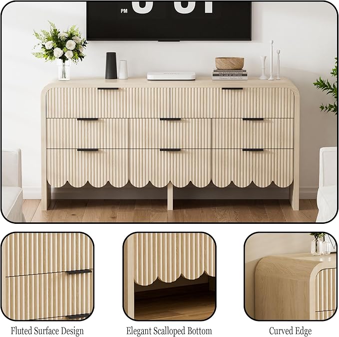 Fluted 8-Drawers Dresser for Bedroom, 59” Farmhouse Chest of Drawers with Thickened Wooden Board,Baby Dresser for Kids Storage for Clothes