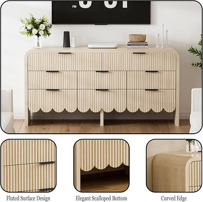 Fluted 8-Drawers Dresser for Bedroom, 59” Farmhouse Chest of Drawers with Thickened Wooden Board,Baby Dresser for Kids Storage for Clothes