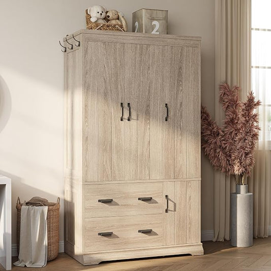LIKIMIO Wardrobe Closet, 70" Tall 4 Doors Large Wooden Closet with 2 Drawers, 3 Shelves Bedroom Armoire with Hanging Rod, Freestanding Storage Cabinet for Hanging Clothes, Light Oak