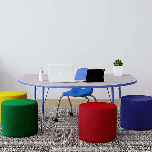 FDP Horseshoe Activity School and Office Table (60 x 66 inch), Standard Legs with Ball Glides for Collaborative Seating Environments, Adjustable Height 19-30 inches - Gray Top and Blue Edge