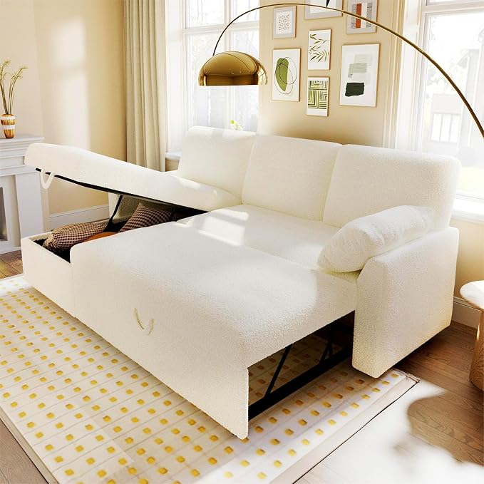 PaPaJet Sofa Bed, Sleeper Sofa with Storage Chaise, L Shaped Sofa with Pull Out Bed, Oversized Sofas for Living Room-White Boucle